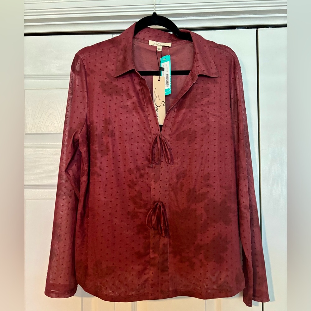 Sheer Burgundy Tie-Front Blouse